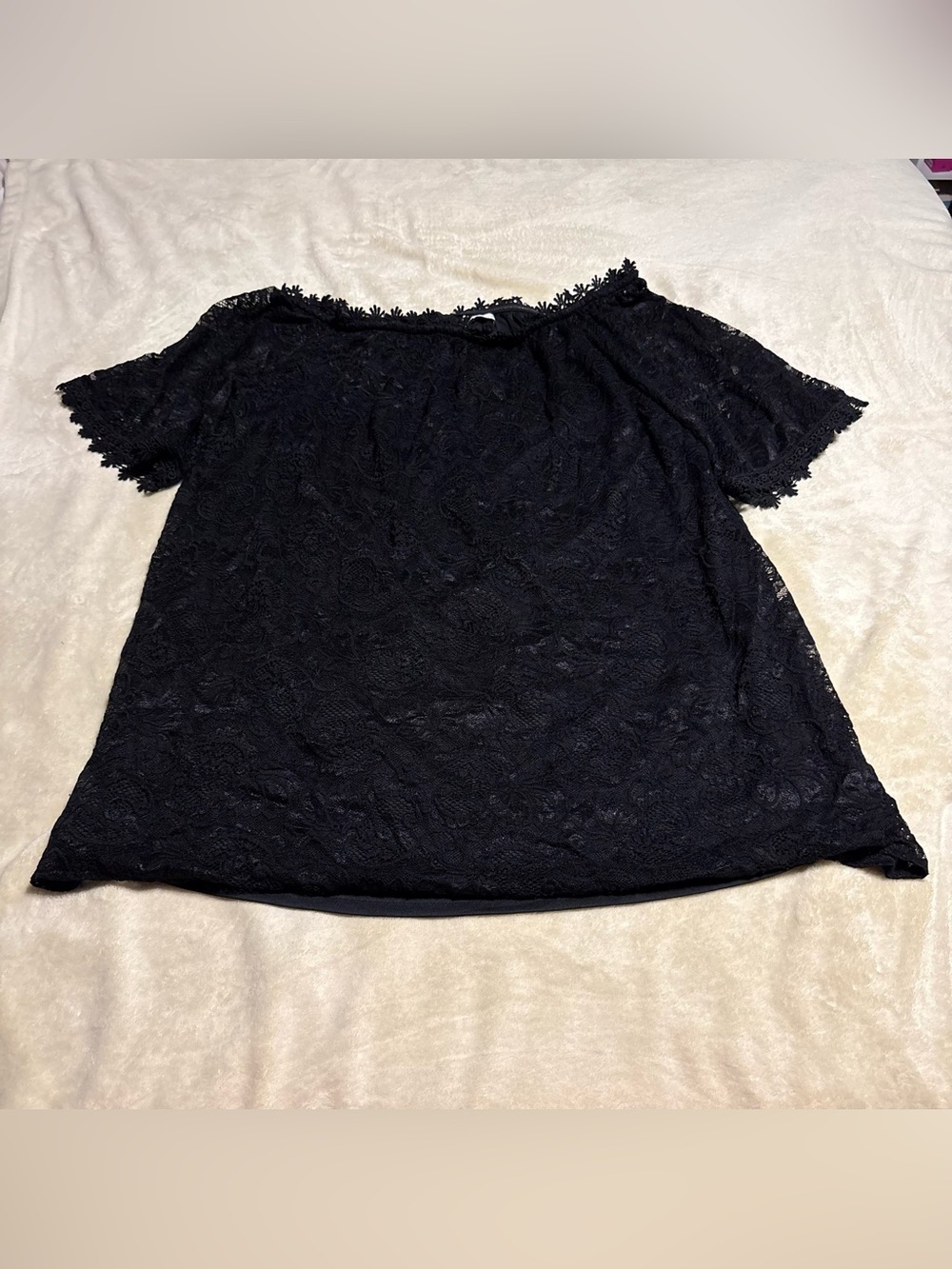 Black Lace Off-Shoulder Blouse with Floral Trim